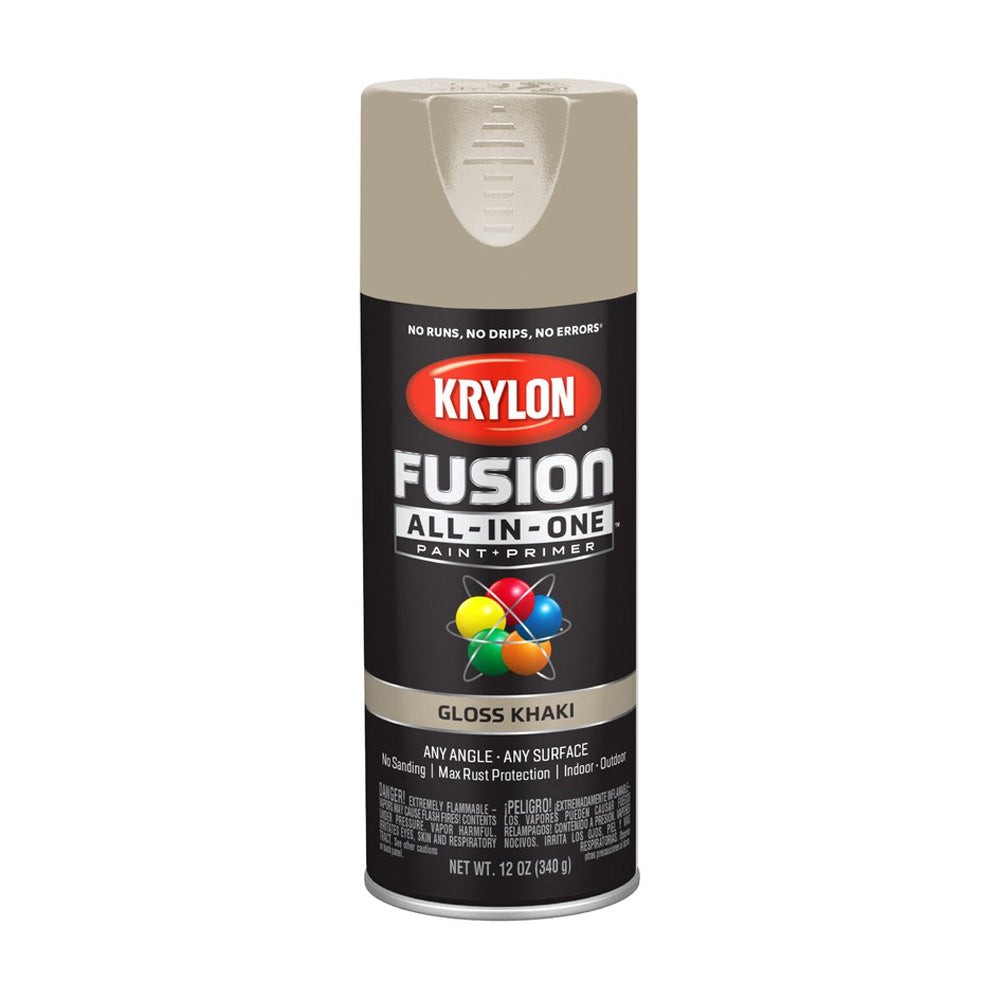 Krylon Fusion K02713007 Primer and Spray Paint, Gloss, Khaki, 12 oz, Aerosol Can