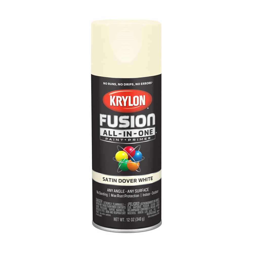 Krylon Fusion K02737007 Primer and Spray Paint, Satin, Dover White, 12 oz, Aerosol Can