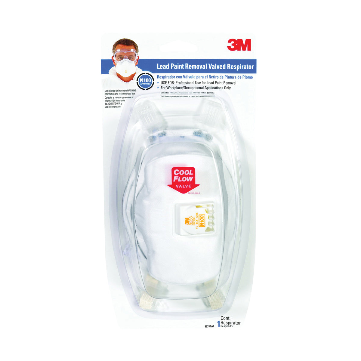 3M TEKK Protection 8233PA1-A/R-8833 Disposable Respirator, N100 Filter Class, White