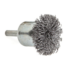 Load image into Gallery viewer, Forney 72267 Circular Flare End Brush, 1-1/2 in Dia, 1/4 in Arbor/Shank, Crimped Bristle, 0.02 in Dia Bristle
