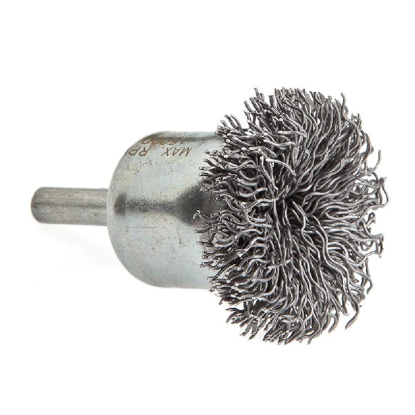 Forney 72267 Circular Flare End Brush, 1-1/2 in Dia, 1/4 in Arbor/Shank, Crimped Bristle, 0.02 in Dia Bristle