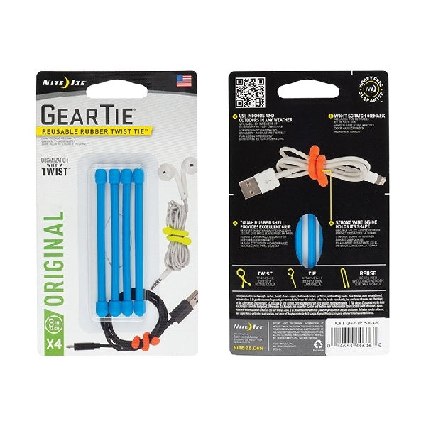 Gear Tie GT3-4PK-03 Twist-Tie, 0.24 in Dia, 3 in L, Rubber/Steel, Blue