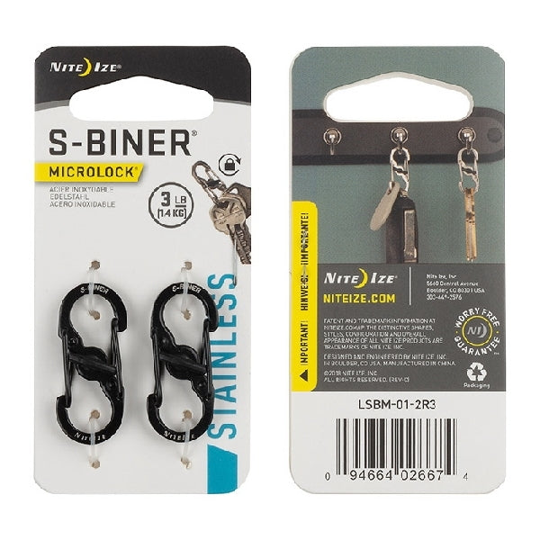 Nite Ize MicroLock, S-Biner LSBM-01-2R3 Dual Carabiner, 1.39 in OAL, Stainless Steel, Black