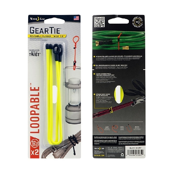 Gear Tie GLS12-33-2R7 Twist-Tie, 0.3 in Dia, 1/2 in W, 12.4 in L, Rubber, Neon Yellow