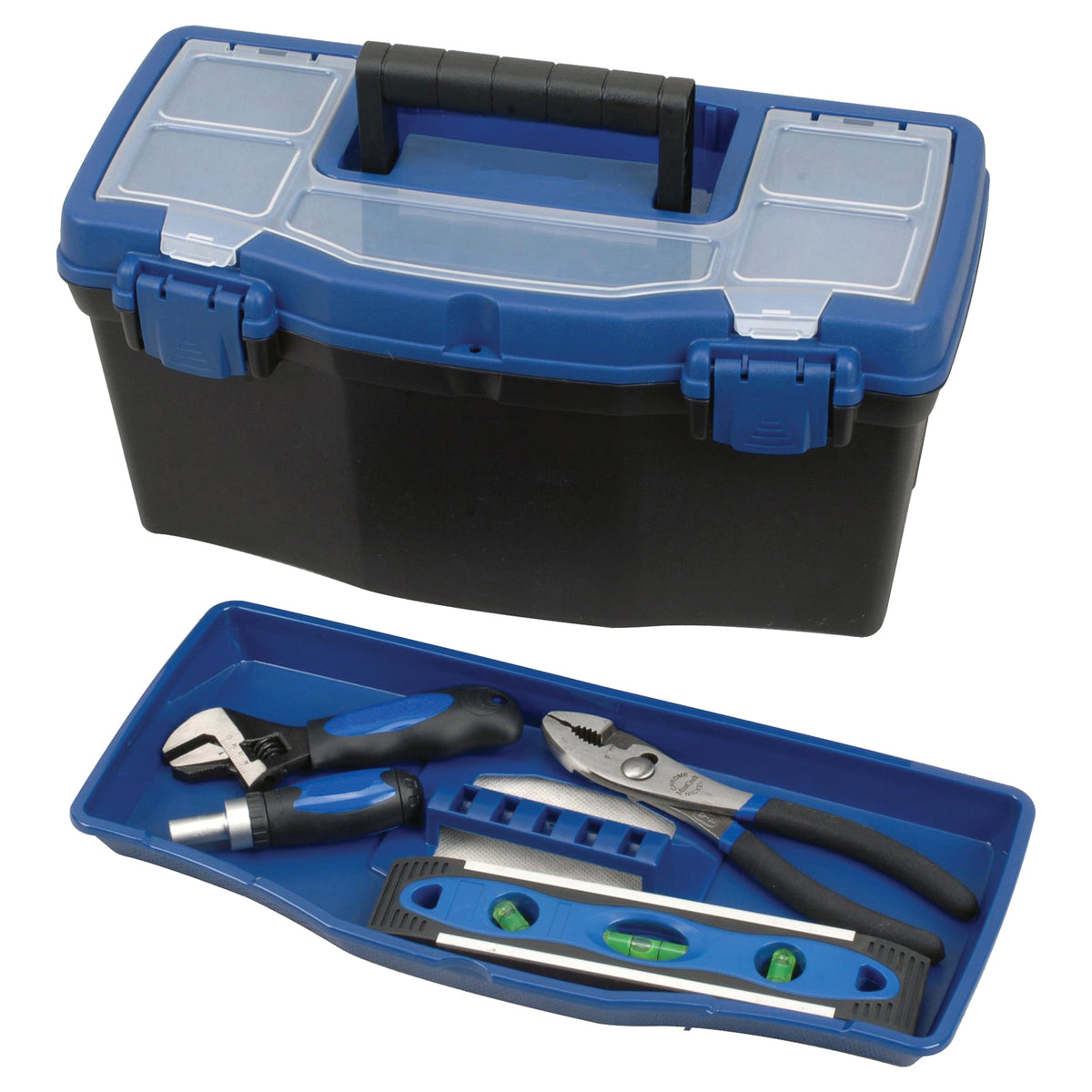 Vulcan 320101 Tool Box, 15 in L x 7 in W x 5-1/4 in H, Plastic, Black/Blue, 16 in L x 8-1/4 in W x 7-3/4 in H Outside