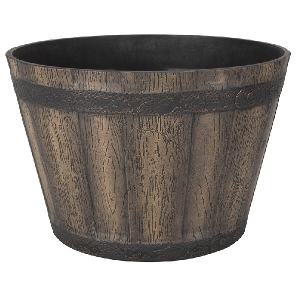 Landscapers Select Barrel Planter, 14-3/4 in Dia, Round, Whiskey Barrel Design, Resin, Weathered Oak