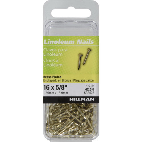 HILLMAN 532425 Linoleum Nail, #16, 5/8 in L, Brass, Brass, Round Head