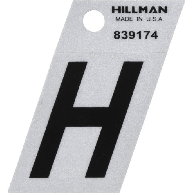 HILLMAN 839174 Letter, Character: H, 1-1/2 in H Character, Black Character, Silver Background, Mylar