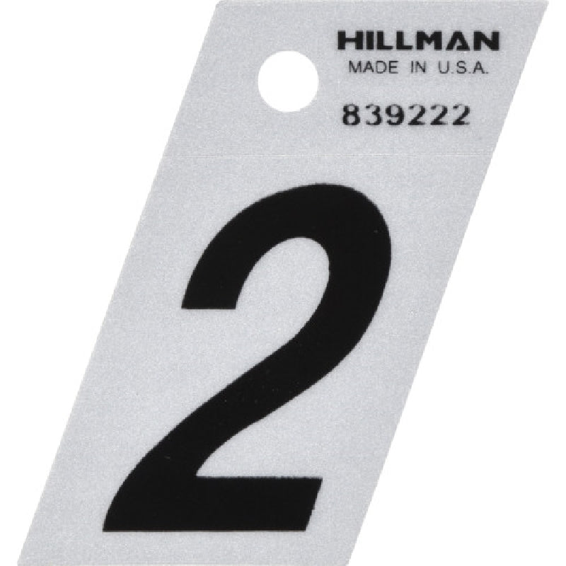 HILLMAN 839222 Number, Character: 2, 1-1/2 in H Character, Black Character, Silver Background, Mylar