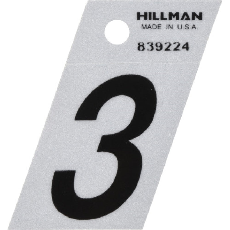 HILLMAN 839224 Number, Character: 3, 1-1/2 in H Character, Black Character, Silver Background, Mylar