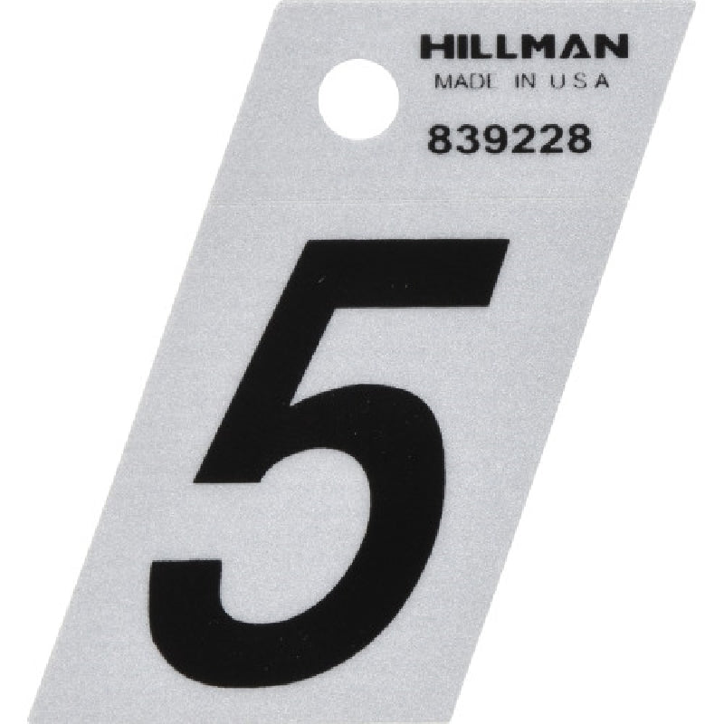 HILLMAN 839228 Number, Character: 5, 1-1/2 in H Character, Black Character, Silver Background, Mylar