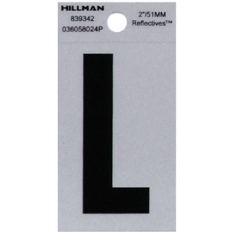 HILLMAN 839342 Letter, Character: L, 2 in H Character, Black Character, Silver Background, Mylar