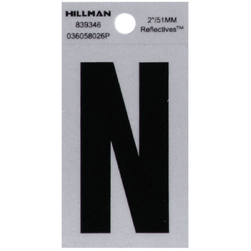 HILLMAN 839346 Letter, Character: N, 2 in H Character, Black Character, Silver Background, Mylar