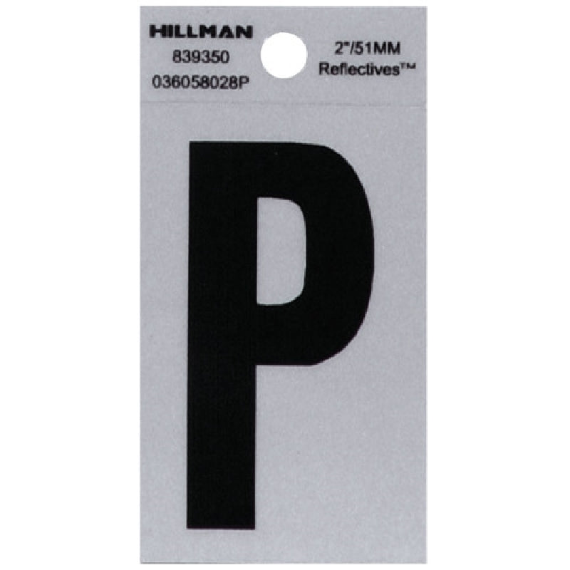 HILLMAN 839350 Letter, Character: P, 2 in H Character, Black Character, Silver Background, Mylar