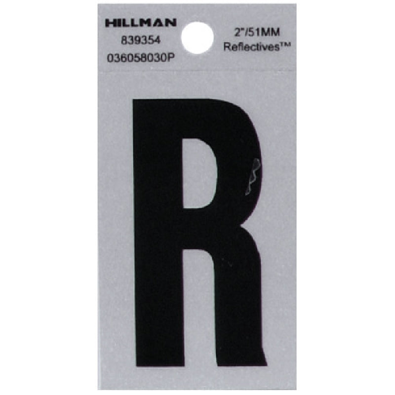 HILLMAN 839354 Letter, Character: R, 2 in H Character, Black Character, Silver Background, Mylar