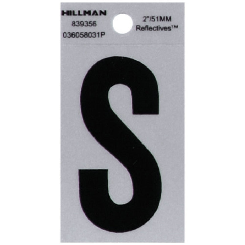 HILLMAN 839356 Letter, Character: S, 2 in H Character, Black Character, Silver Background, Mylar