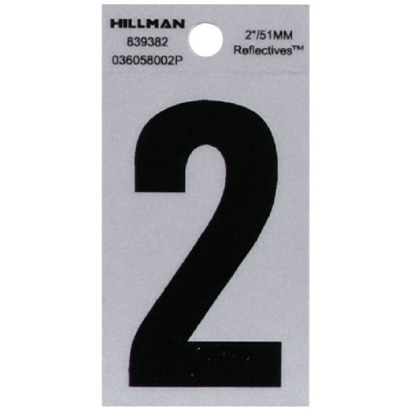 HILLMAN 839382 Number, Character: 2, 2 in H Character, Black Character, Silver Background, Mylar