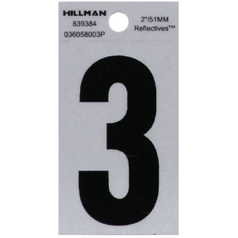 HILLMAN 839384 Number, Character: 3, 2 in H Character, Black Character, Silver Background, Mylar