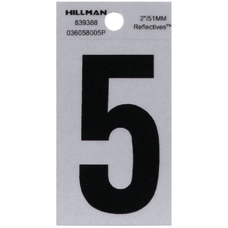 HILLMAN 839388 Number, Character: 5, 2 in H Character, Black Character, Silver Background, Mylar