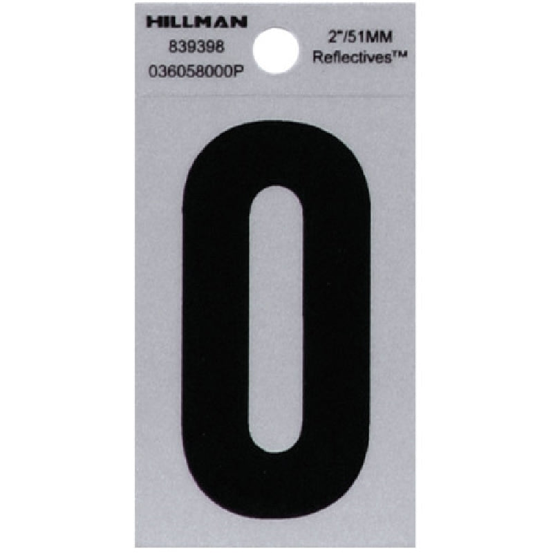 HILLMAN 839398 Number, Character: 0, 2 in H Character, Black Character, Silver Background, Mylar