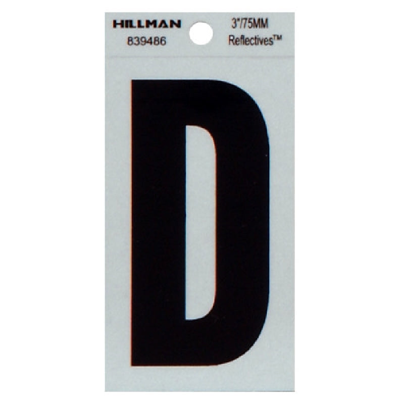 HILLMAN 839486 Letter, Character: D, 3 in H Character, Black Character, Silver Background, Mylar