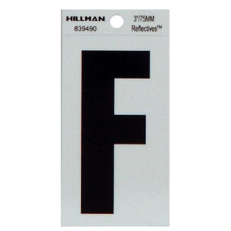 HILLMAN 839490 Letter, Character: F, 3 in H Character, Black Character, Silver Background, Mylar