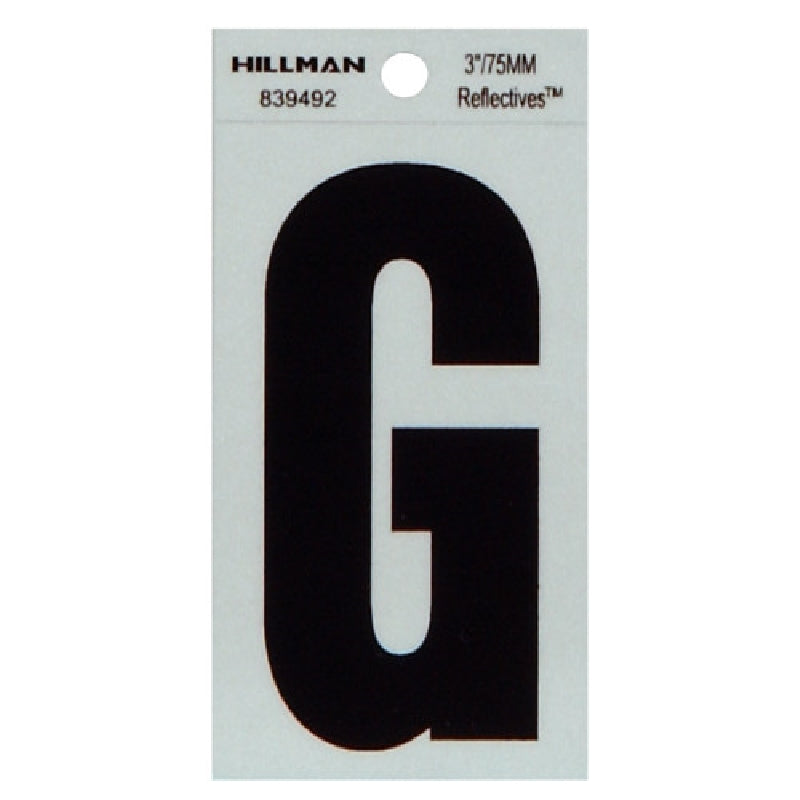 HILLMAN 839492 Letter, Character: G, 3 in H Character, Black Character, Silver Background, Mylar