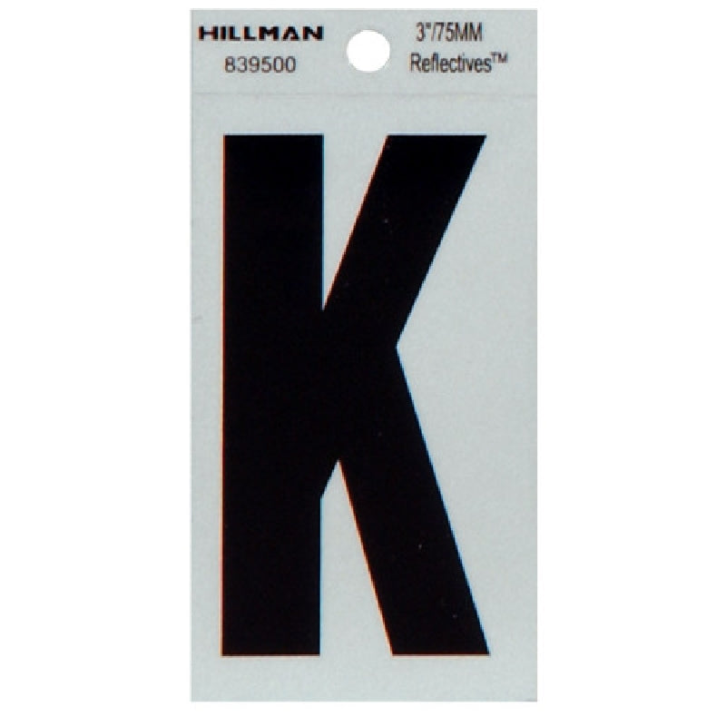 HILLMAN 839500 Letter, Character: K, 3 in H Character, Black Character, Silver Background, Mylar