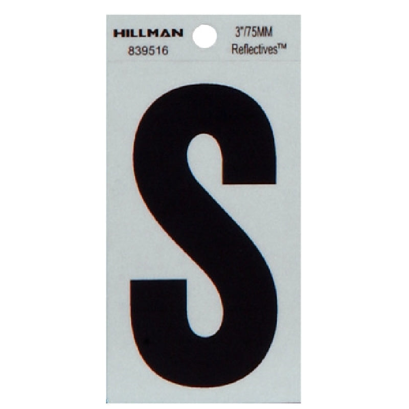 HILLMAN 839516 Letter, Character: S, 3 in H Character, Black Character, Silver Background, Mylar