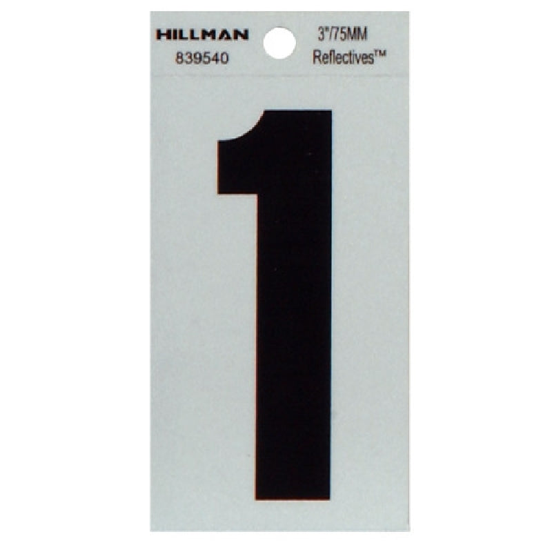 HILLMAN 839540 Number, Character: 1, 3 in H Character, Black Character, Silver Background, Mylar