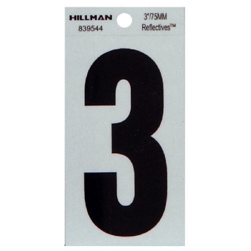 HILLMAN 839544 Number, Character: 3, 3 in H Character, Black Character, Silver Background, Mylar