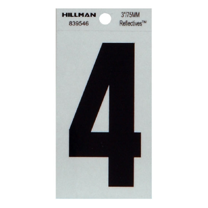 HILLMAN 839546 Number, Character: 4, 3 in H Character, Black Character, Silver Background, Mylar