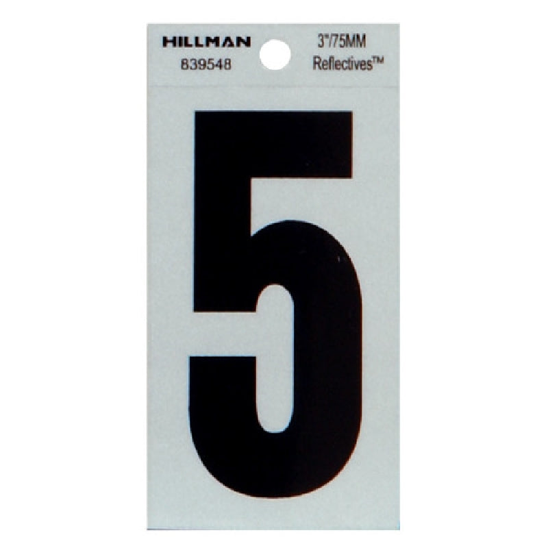 HILLMAN 839548 Number, Character: 5, 3 in H Character, Black Character, Silver Background, Mylar