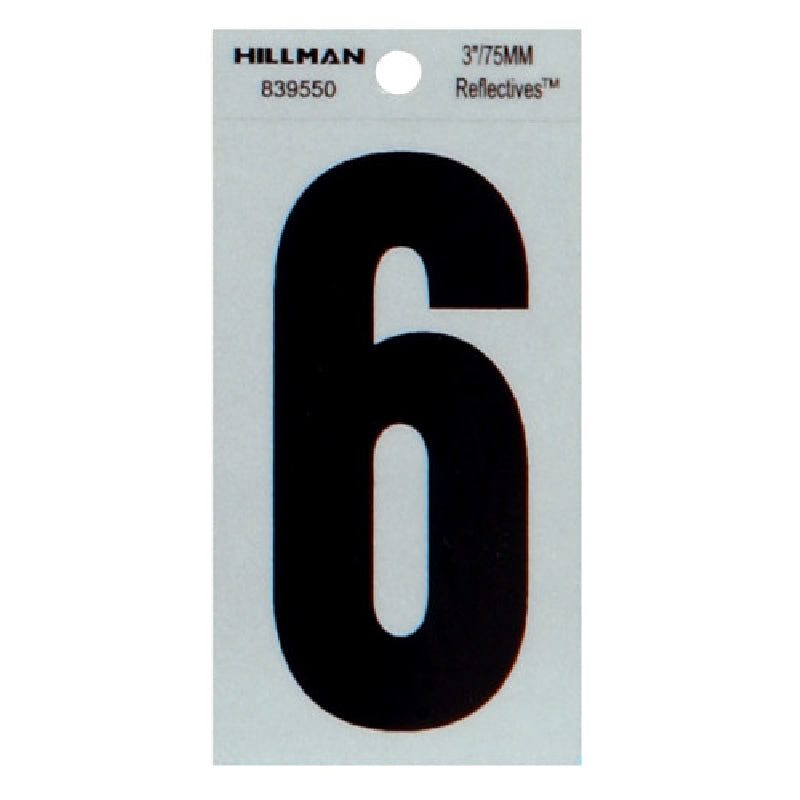 HILLMAN 839550 Number, Character: 6, 3 in H Character, Black Character, Silver Background, Mylar