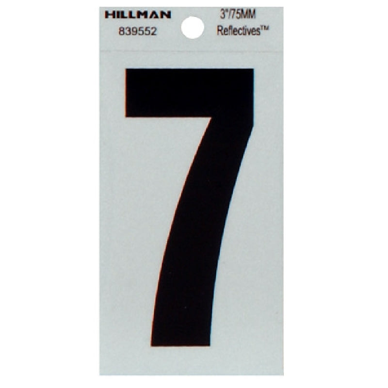 HILLMAN 839552 Number, Character: 7, 3 in H Character, Black Character, Silver Background, Mylar