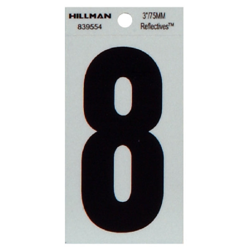 HILLMAN 839554 Number, Character: 8, 3 in H Character, Black Character, Silver Background, Mylar