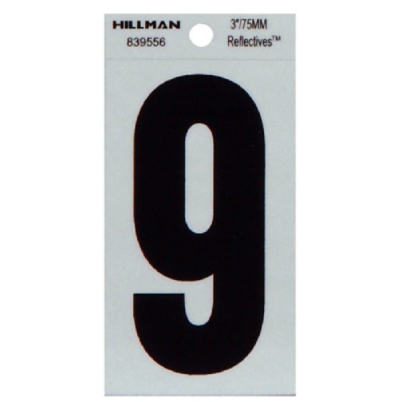 HILLMAN 839556 Number, Character: 9, 3 in H Character, Black Character, Silver Background, Mylar