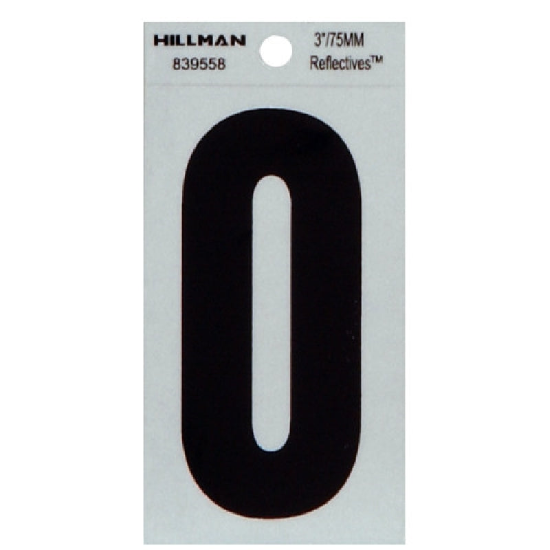 HILLMAN 839558 Number, Character: 0, 3 in H Character, Black Character, Silver Background, Mylar