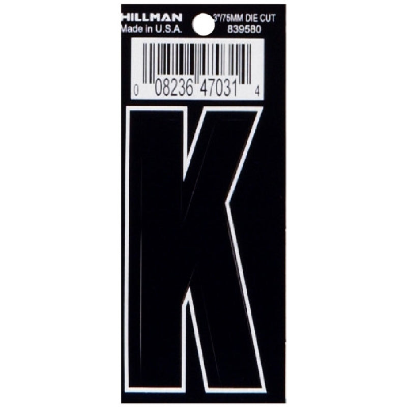 HILLMAN 839580 Letter, Character: K, 3 in H Character, Black Character, Vinyl