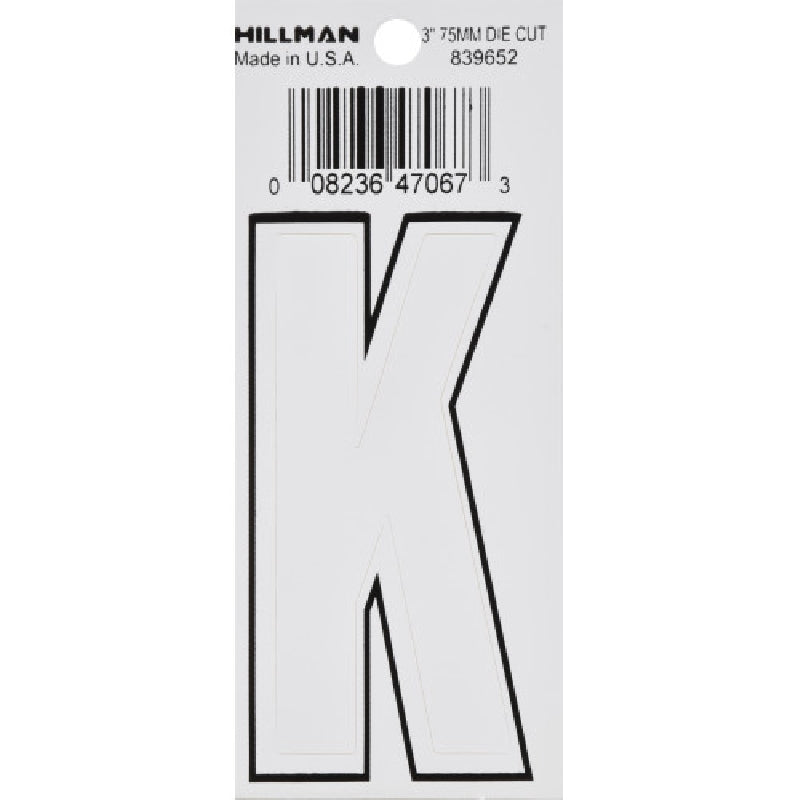 HILLMAN 839652 Letter, Character: K, 3 in H Character, White Character, Vinyl