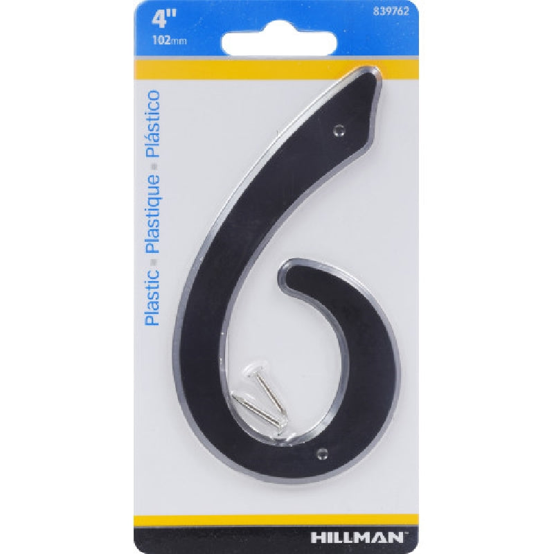 HILLMAN 839762 House Number, Character: 6, 4 in H Character, Black Character, Plastic