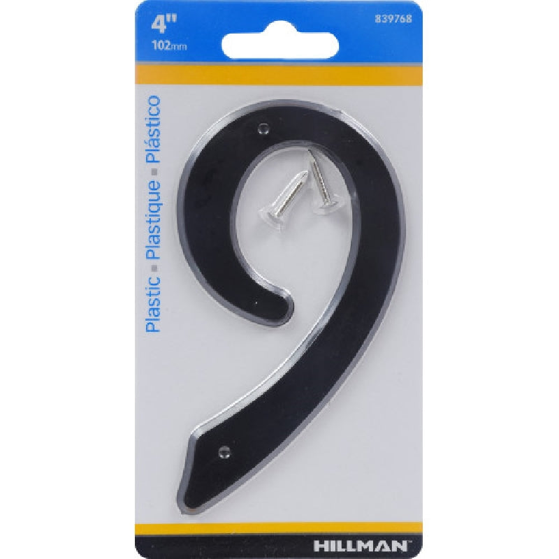 HILLMAN 839768 House Number, Character: 9, 4 in H Character, Black Character, Plastic