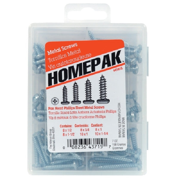 HILLMAN HOMEPAK Series 41815 Screw Assortment, Pan Head, Phillips Drive, Sharp Point, Steel, Zinc-Plated