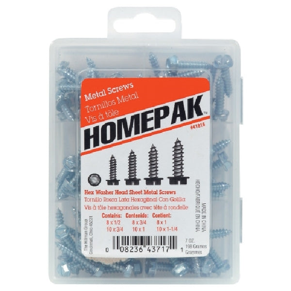 HILLMAN HOMEPAK Series 41816 Screw Assortment, Washer Head, Hex, Slotted Drive, Sharp Point, Steel, Zinc-Plated