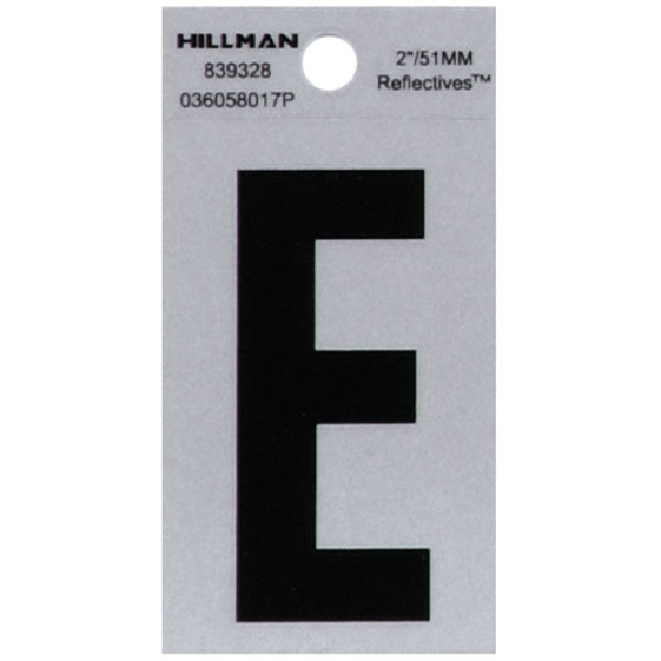 HILLMAN 839328 Letter, Character: E, 2 in H Character, Black Character, Silver Background, Mylar