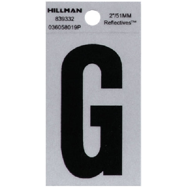 HILLMAN 839332 Letter, Character: G, 2 in H Character, Black Character, Silver Background, Mylar