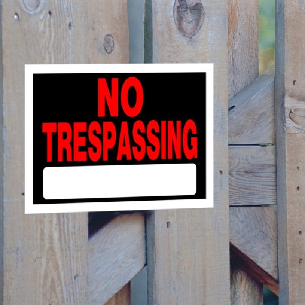 HILLMAN 839904 Sign, NO TRESPASSING, Red Legend, Black Background, 12 in W x 8 in H Dimensions