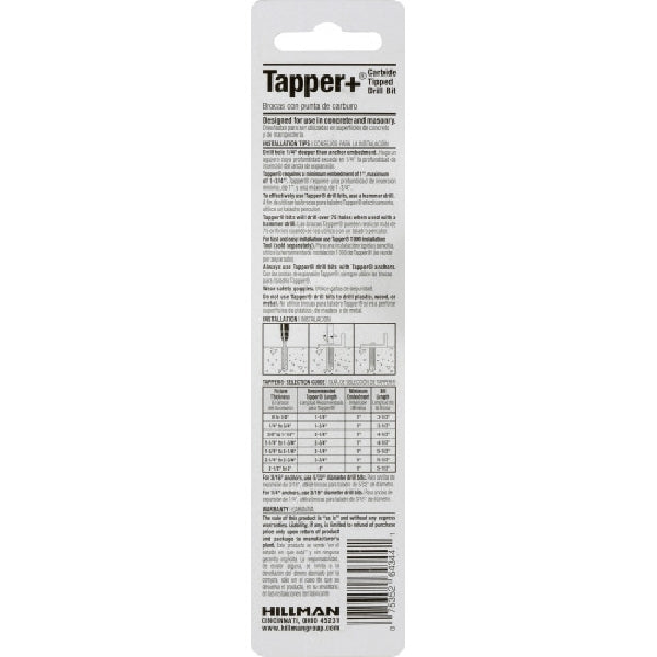 HILLMAN 375225 Tapper Drill Bit, 3/16 in Dia, 5-1/2 in OAL