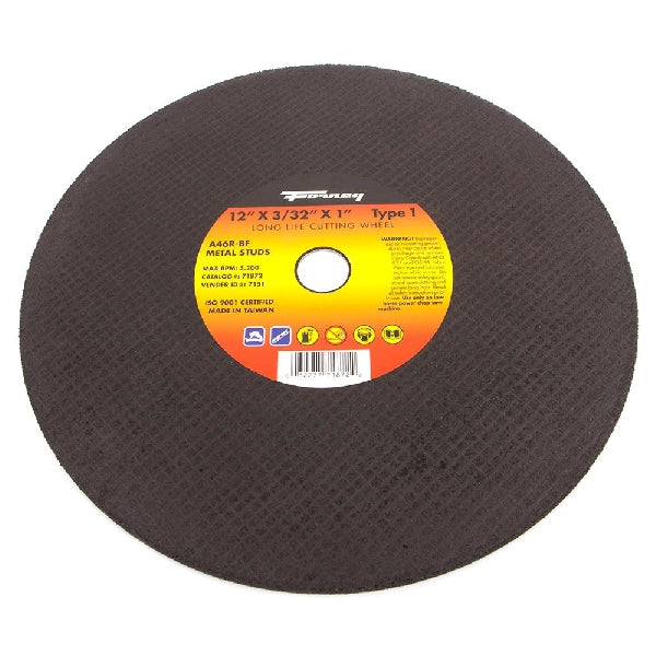 Forney 71872 Cutting Wheel, 12 in Dia, 3/32 in Thick, 1 in Arbor, 50 Grit, Coarse, Aluminum Oxide Abrasive