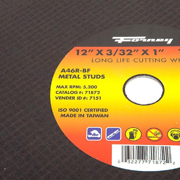 Forney 71872 Cutting Wheel, 12 in Dia, 3/32 in Thick, 1 in Arbor, 50 Grit, Coarse, Aluminum Oxide Abrasive